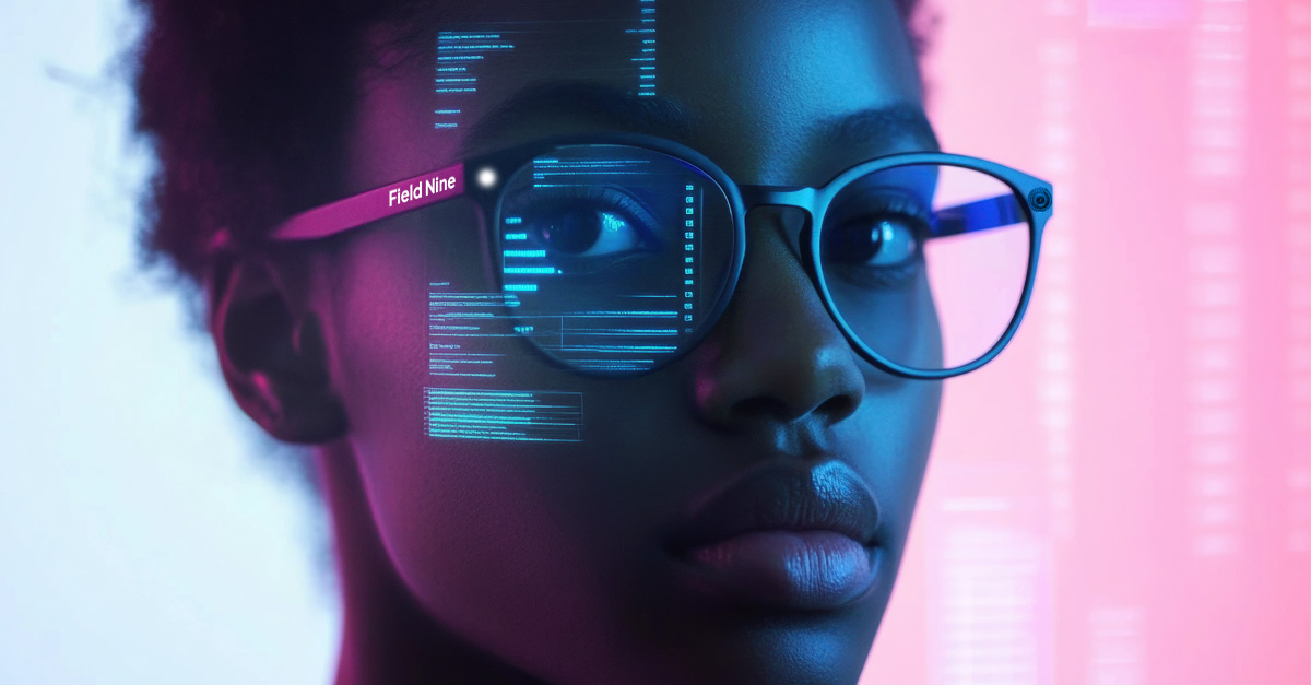 Clinician wearing Field Nine smart glasses with live session data reflected in the lenses